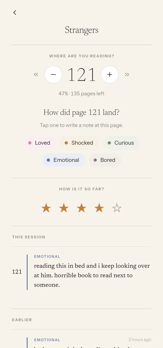 A Meraky reading session: the page number with plus and minus controls, the question “How did page 121 land?”, and five feeling chips — Loved, Shocked, Curious, Emotional, Bored