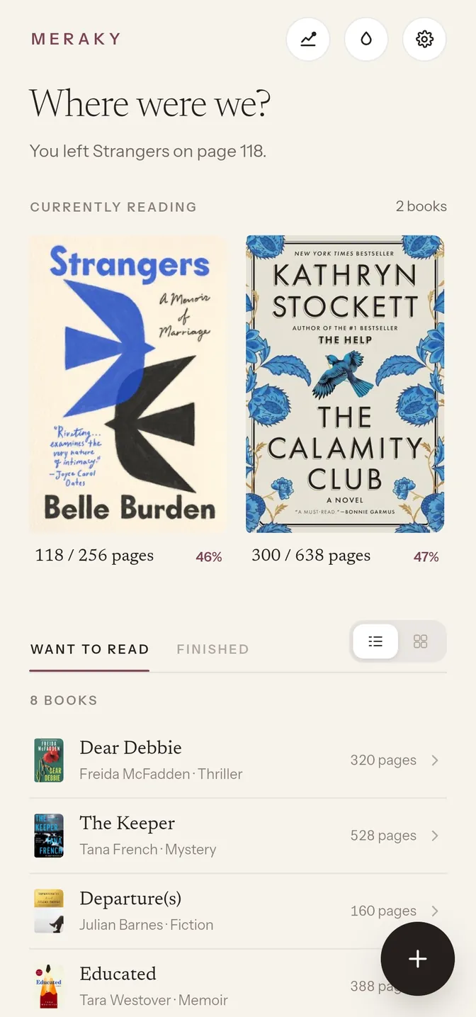 The Meraky home screen: “Where were we?”, two books in progress with their covers and page counts, and the shelf beneath